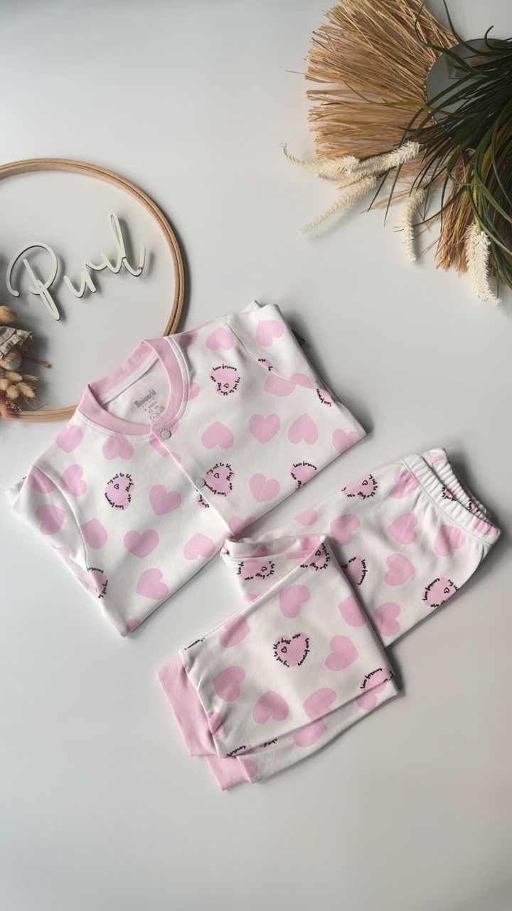 Çıtçıtlı Kalp Pijama Takımı Pudra