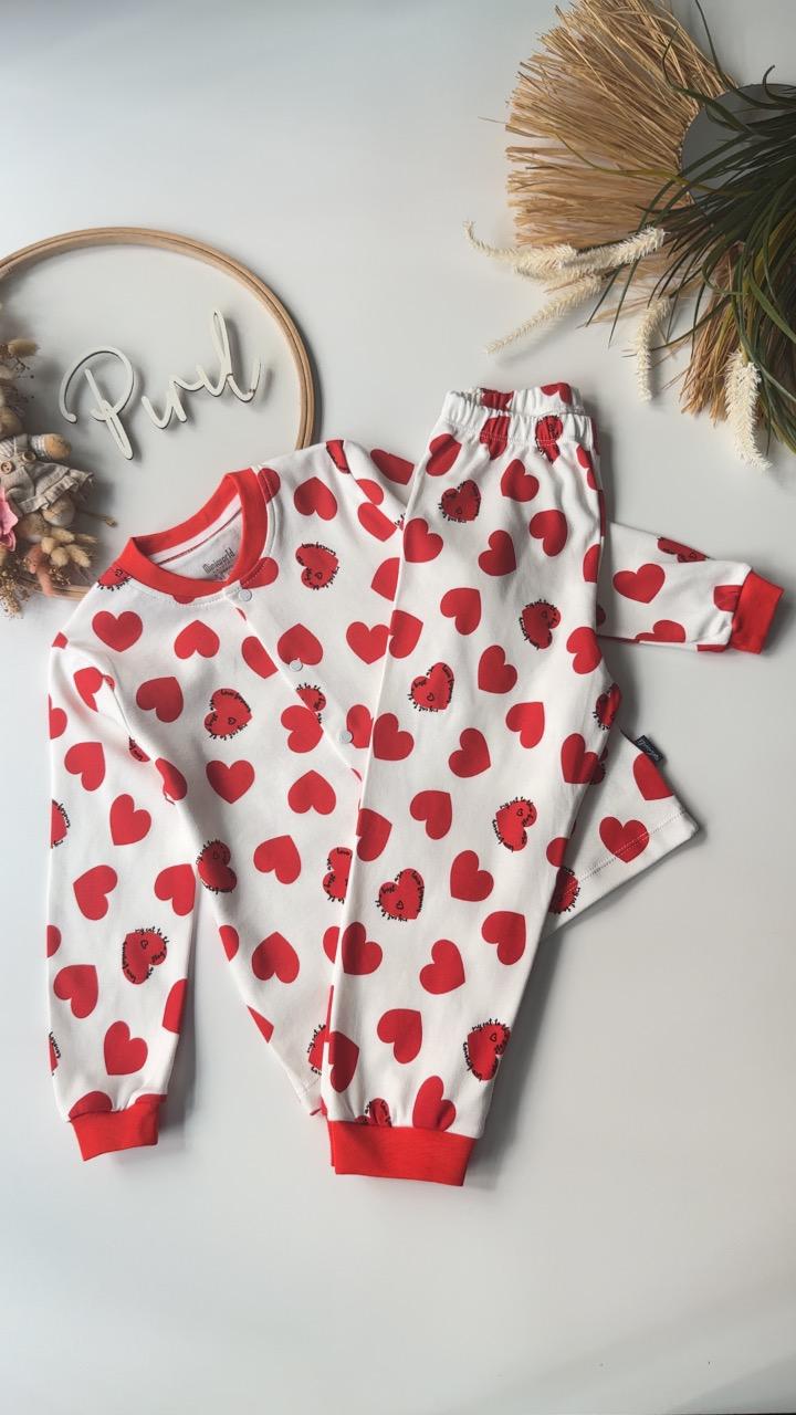 Çıtçıtlı Kalp Pijama Takımı Kırmızı
