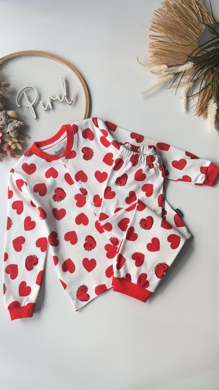 Çıtçıtlı Kalp Pijama Takımı Kırmızı