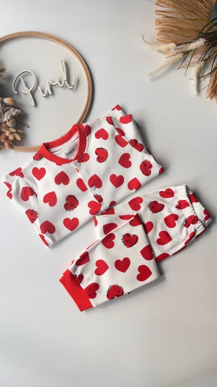 Çıtçıtlı Kalp Pijama Takımı Kırmızı