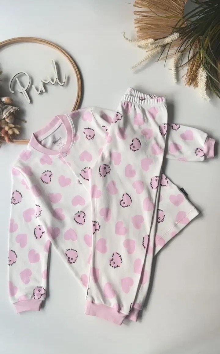 Çıtçıtlı Kalp Pijama Takımı Pudra