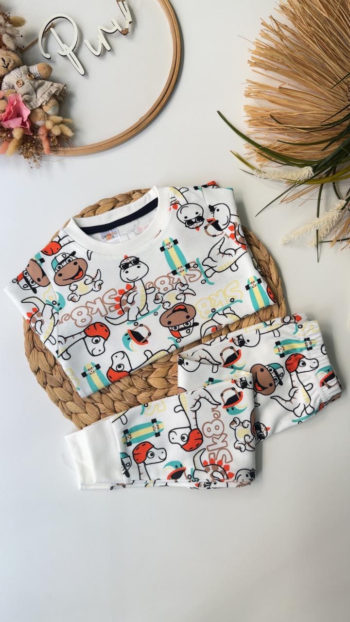 SEVİMLİ DİNO PİJAMA TAKIMI BEYAZ