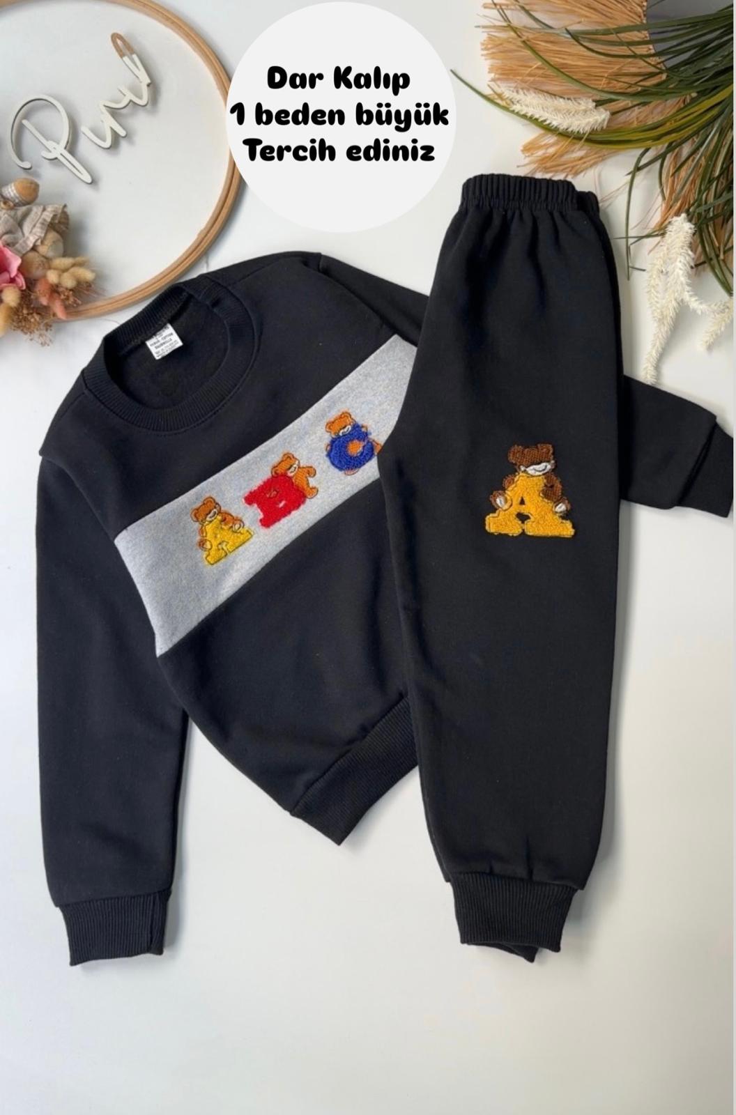 ABC DESENLİ 2 İPLİK ŞARDONLU TAKIM SİYAH