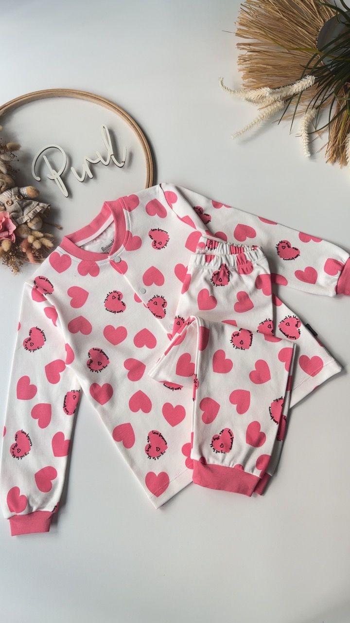 Çıtçıtlı Kalp Pijama Takımı Pembe