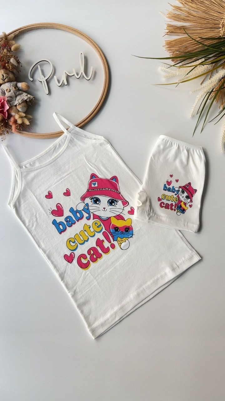 Beyaz Cute Cat Atlet Boxer Takım