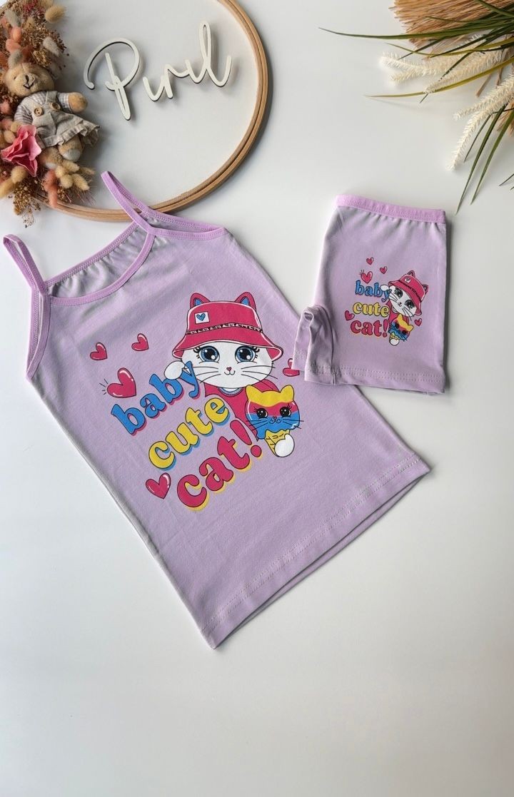 Lila Cute Cat Atlet Boxer Takım