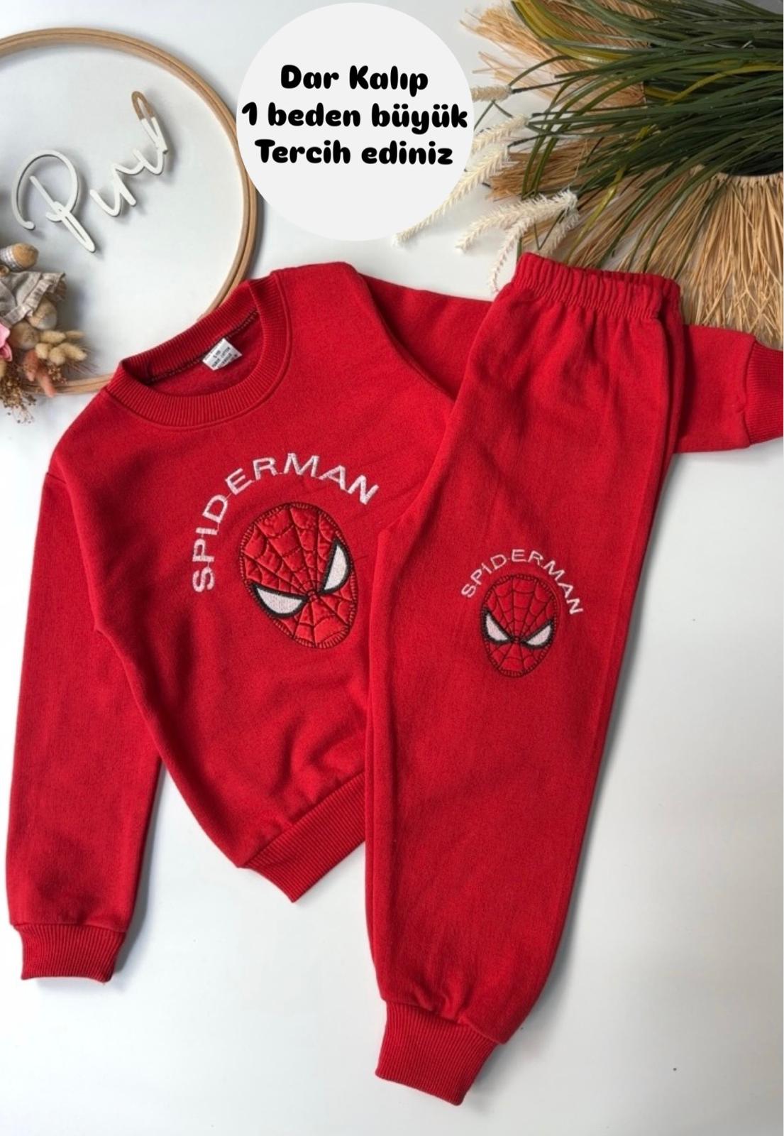 ÖRÜMCEK ADAM  DESENLİ 2 İPLİK ŞARDONLU TAKIM KIRMIZI