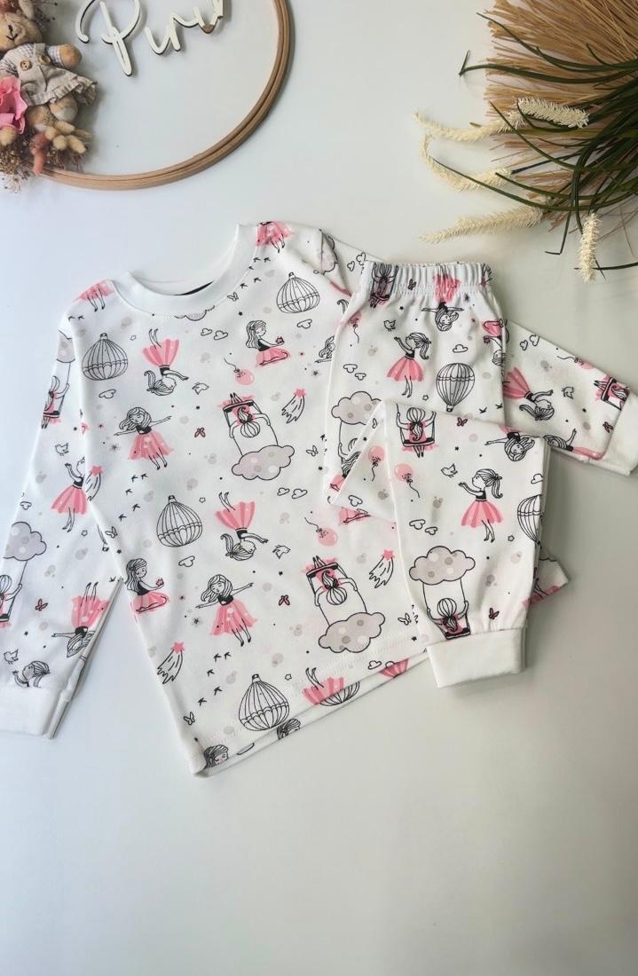 Kız Baskılı Pijama Takımı Beyaz