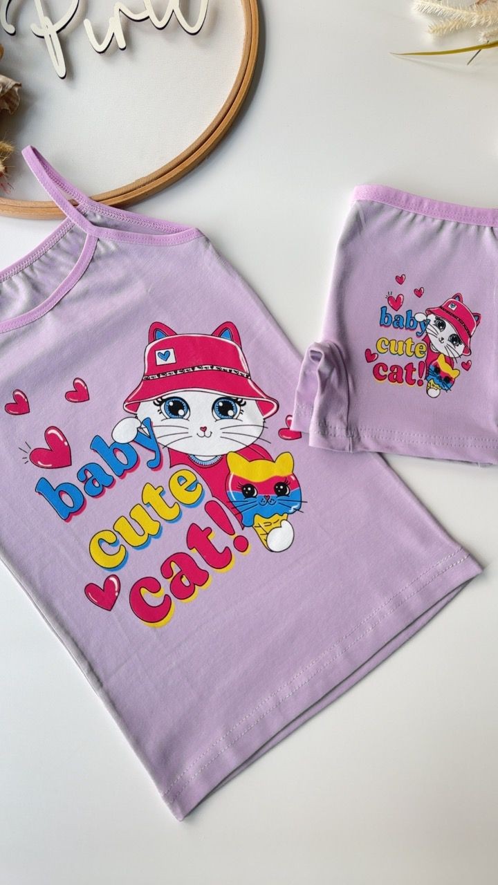 Lila Cute Cat Atlet Boxer Takım