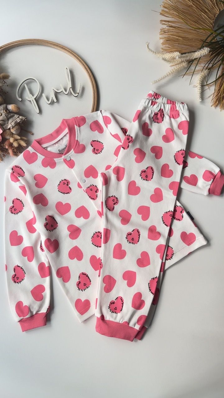 Çıtçıtlı Kalp Pijama Takımı Pembe