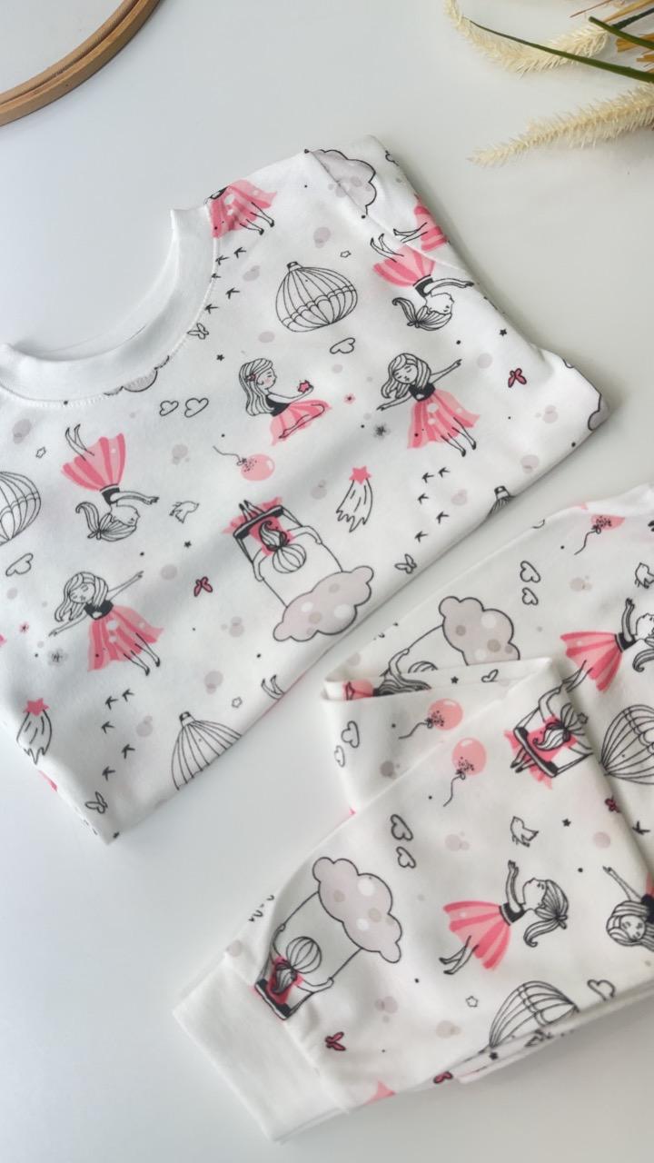 Kız Baskılı Pijama Takımı Beyaz