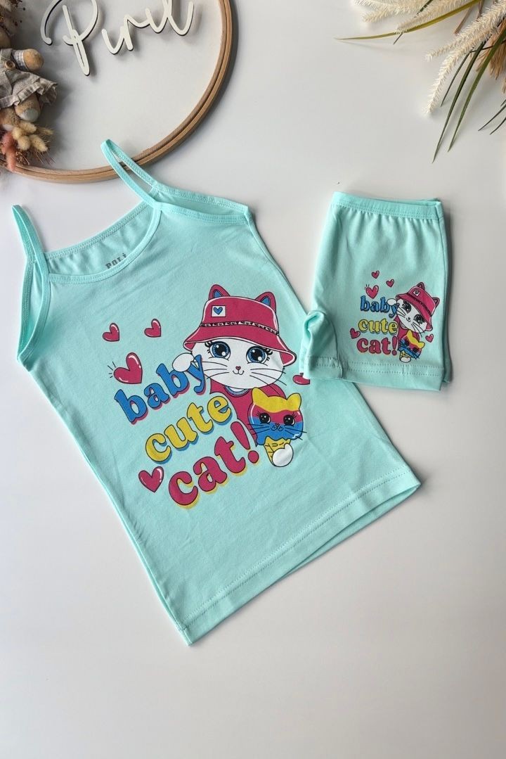 Yeşil Cute Cat Atlet Boxer Takım