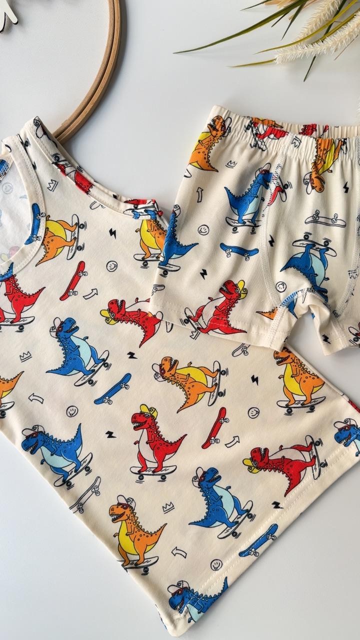 Renkli Dino Atlet Boxer Takım Ekru