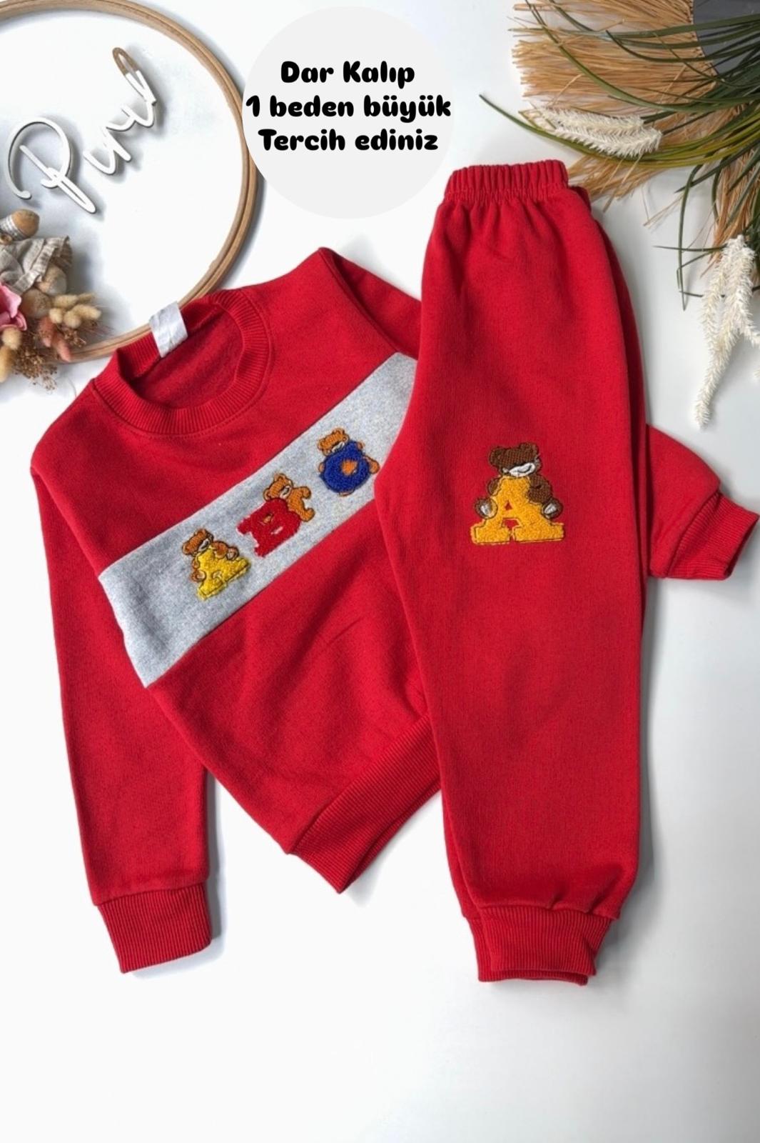 ABC DESENLİ 2 İPLİK ŞARDONLU TAKIM KIRMIZI