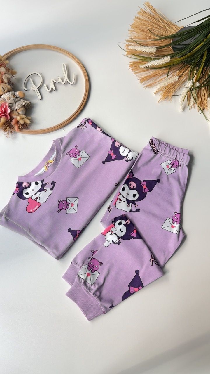 Karakter Baskılı Pijama Takımı Lila