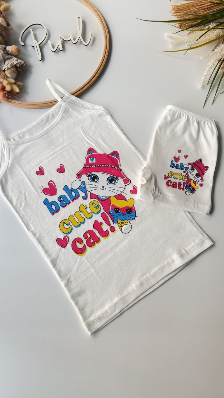 Beyaz Cute Cat Atlet Boxer Takım