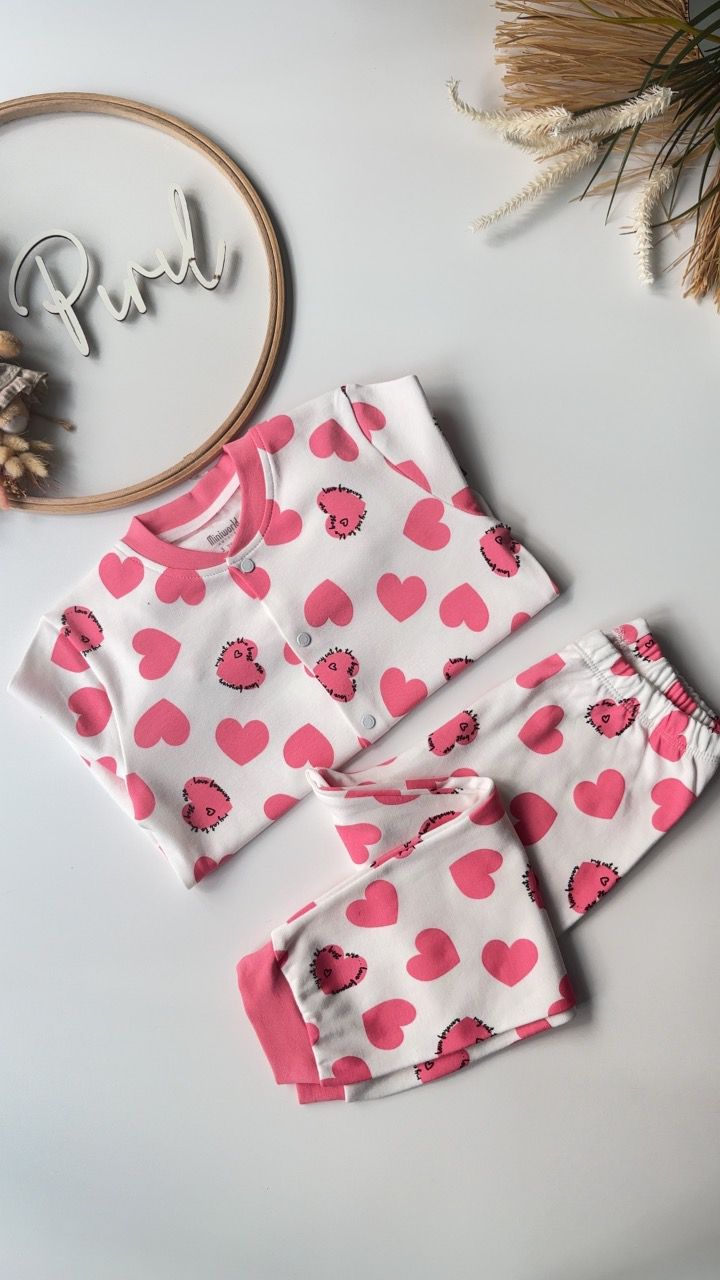 Çıtçıtlı Kalp Pijama Takımı Pembe