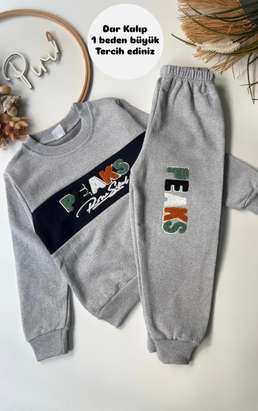 PEAKS YAZILI 2 İPLİK ŞARDONLU TAKIM AÇIK GRİ