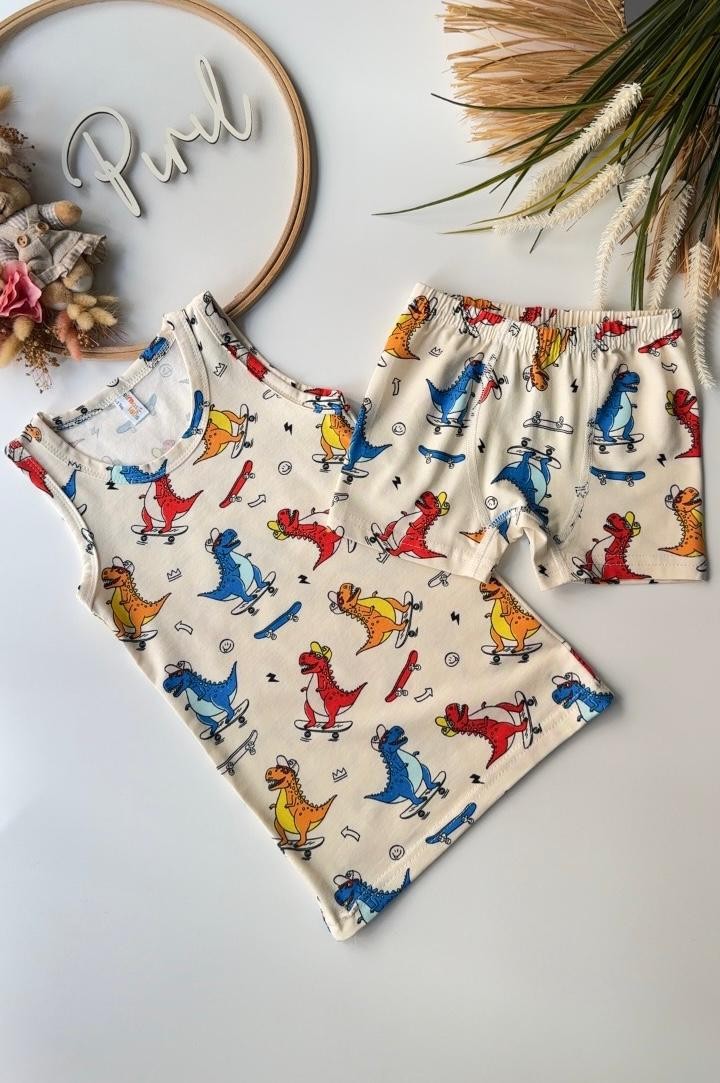 Renkli Dino Atlet Boxer Takım Ekru