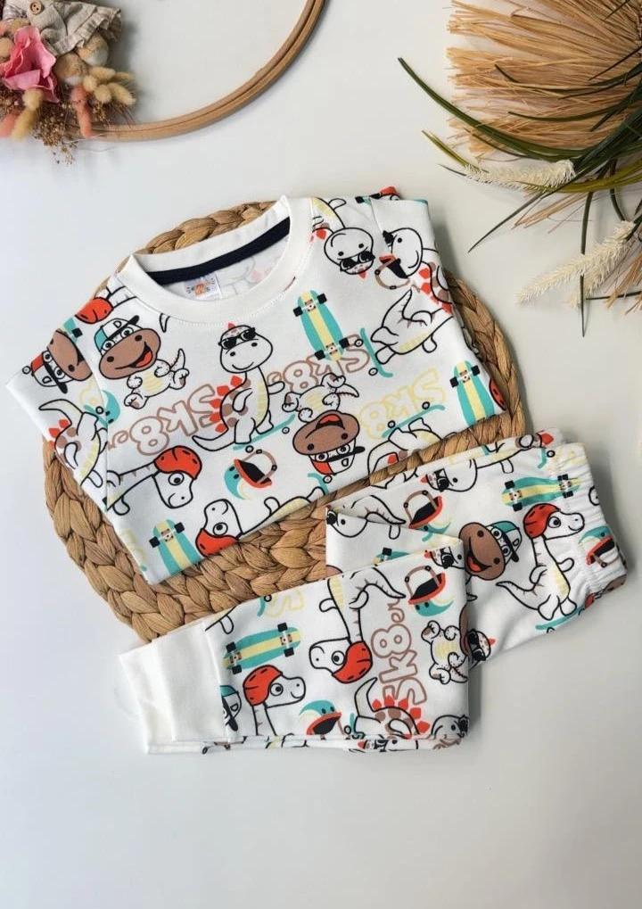 SEVİMLİ DİNO PİJAMA TAKIMI BEYAZ