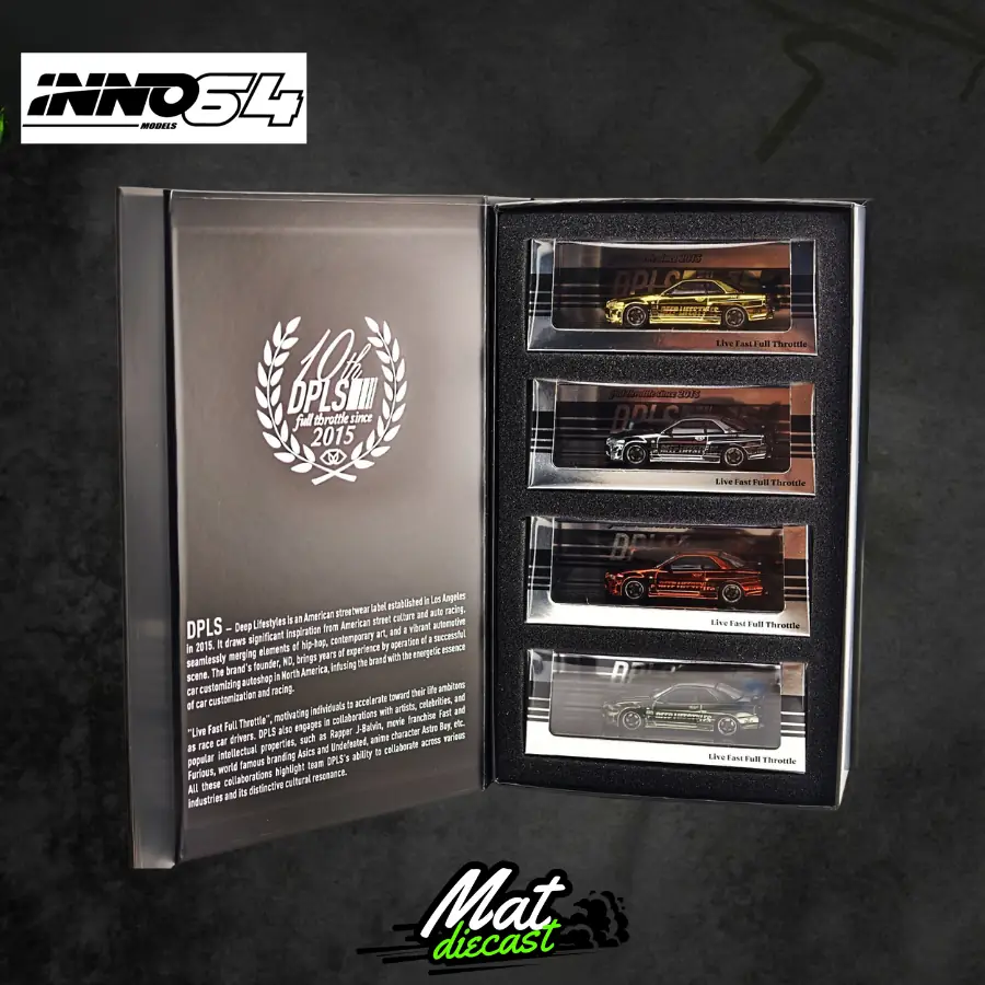 Inno64 x DPLS 4 parça kutu set. 10.Yıl Nissan Skyline R34, DPLS