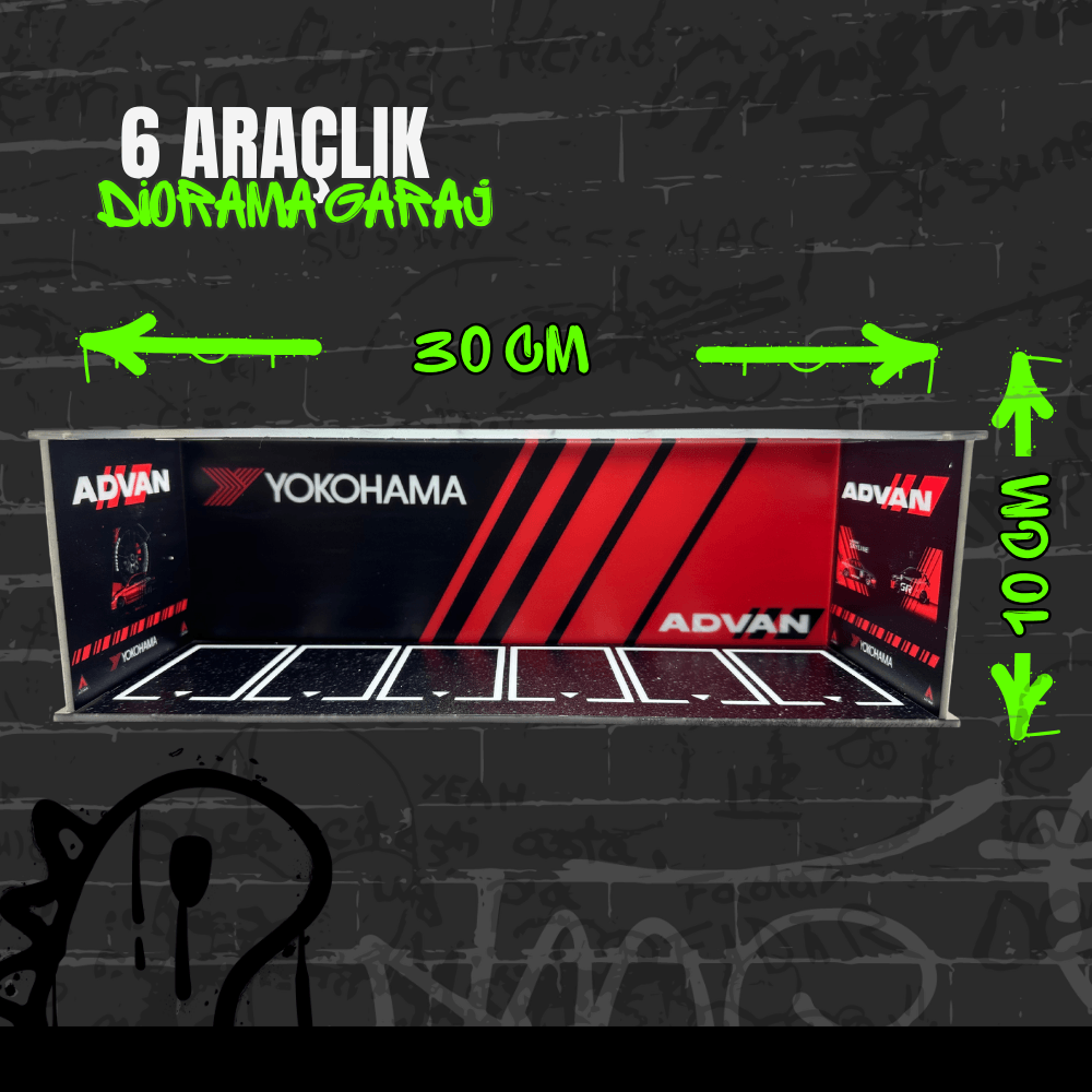  Yokohama Advan 1:64 Ölçek 6 Araçlık Pleksi Diorama Garaj