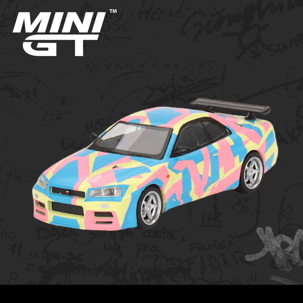 Mini Gt 447 Nissan Skyline GT-R (R34)V-Spec ll MINI GT Digital Camouflage Yellow (GLEN CHOU İMZALI)