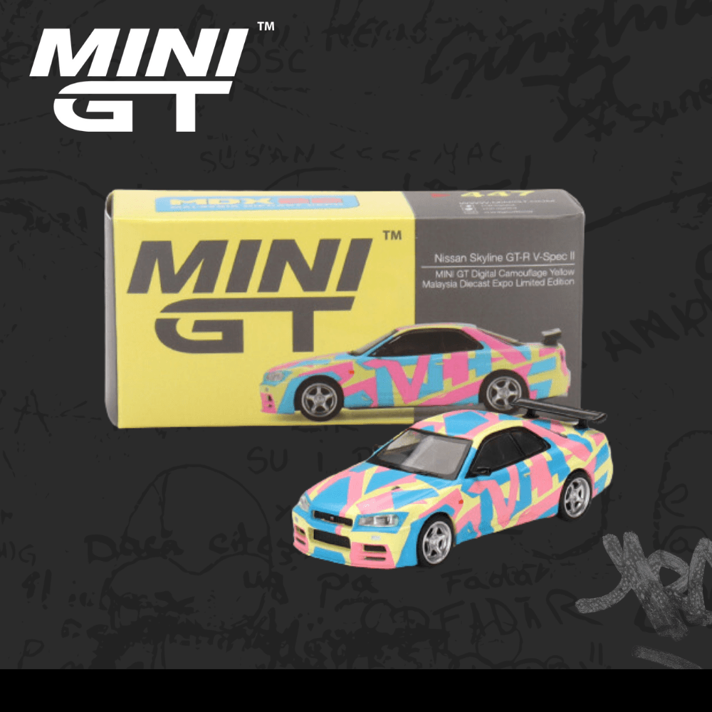 Mini Gt 447 Nissan Skyline GT-R (R34)V-Spec ll MINI GT Digital Camouflage Yellow (GLEN CHOU İMZALI)
