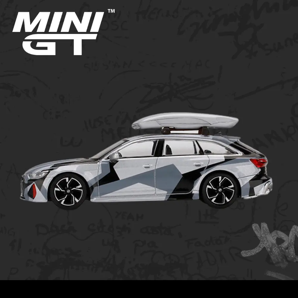 Mini Gt 256 Audi RS 6 Avant Silver Digital Camouflage w/ Roof Box