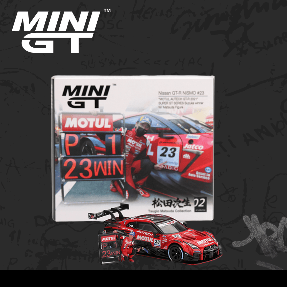 Mini GT 875Nissan GT-R NISMO #23 "MOTUL AUTECH GT-R 2021" SUPER GT SERIES Suzuka winner W/ Matsuda Figure Tsugio Matsuda Collection No.2