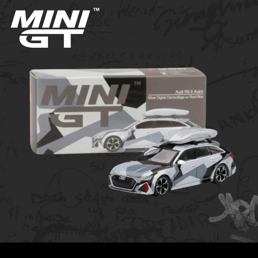 Mini Gt 256 Audi RS 6 Avant Silver Digital Camouflage w/ Roof Box