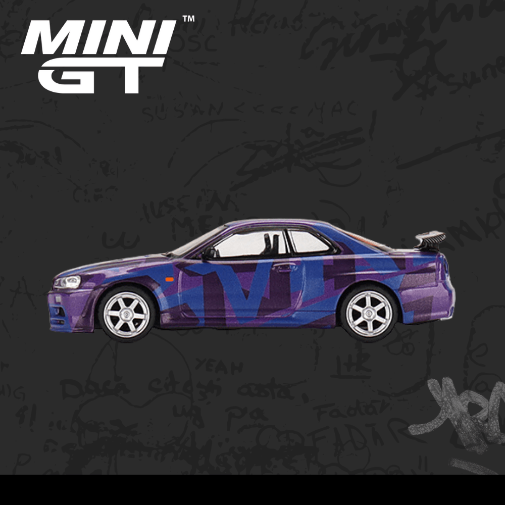 Mini Gt 446 Nissan Skyline GT-R (R34) V-Spec II MINI GT Digital Camouflage Purple ( Açık Kutulu Hatasız )