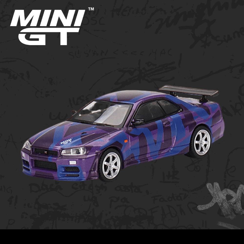 Mini Gt 446 Nissan Skyline GT-R (R34) V-Spec II MINI GT Digital Camouflage Purple ( Açık Kutulu Hatasız )