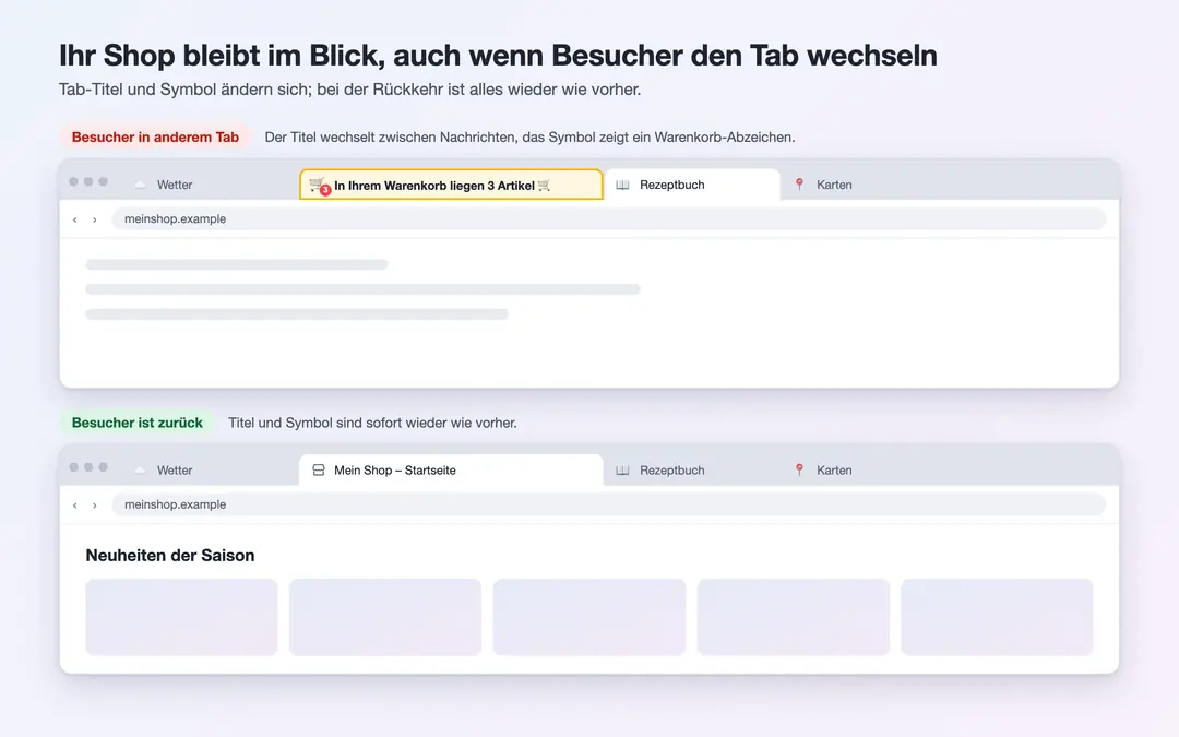 TabBack: der Shop-Tab, während der Besucher woanders ist, und nach seiner Rückkehr