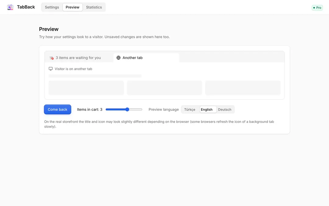 TabBack preview: title and icon while the visitor is on another tab
