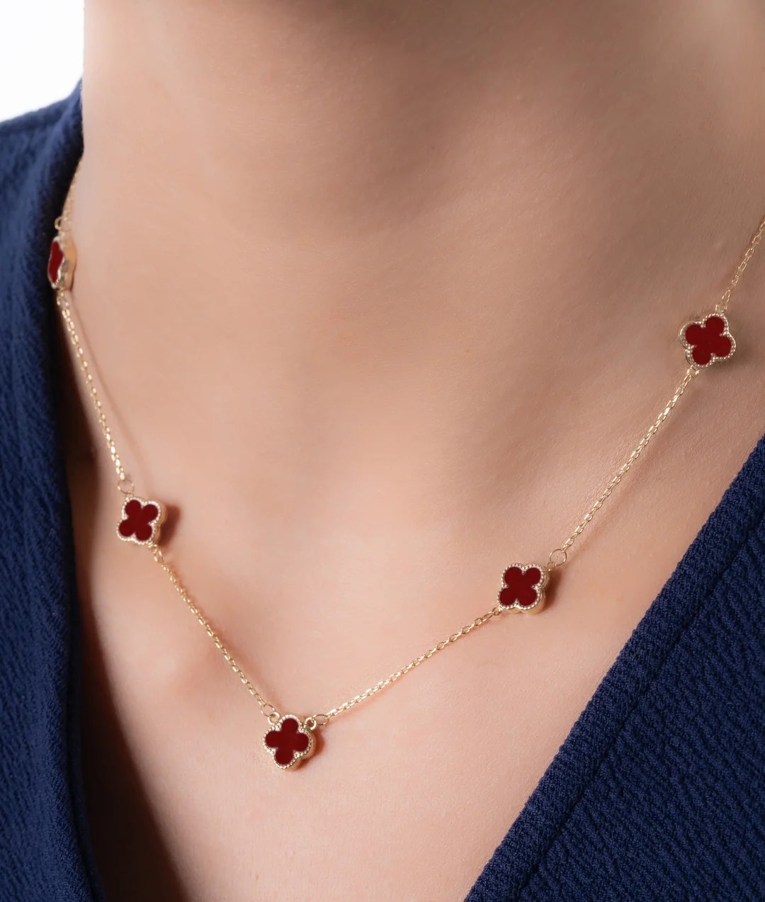 14 Ayar Bordo 5'li kolye - 14 Ayar Yonca Küpe (10mm) SET
