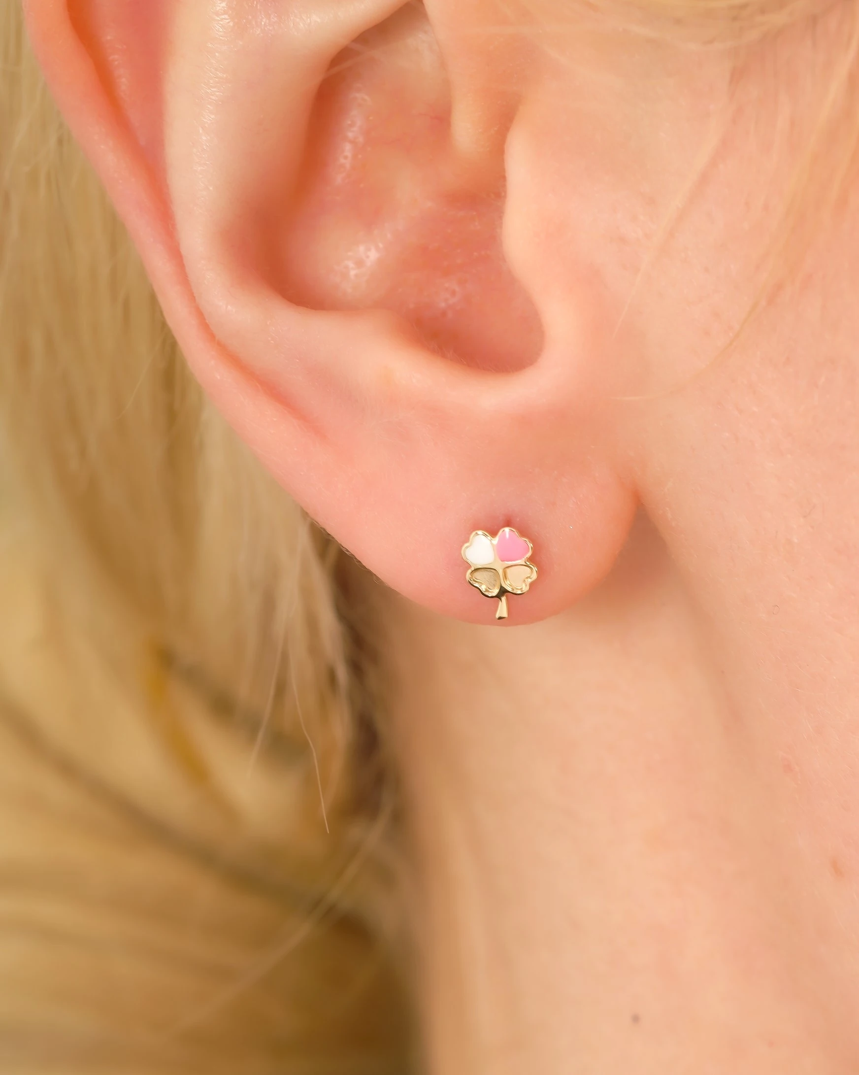 8 Ayar Altın Pembe-Beyaz Yonca Küpe