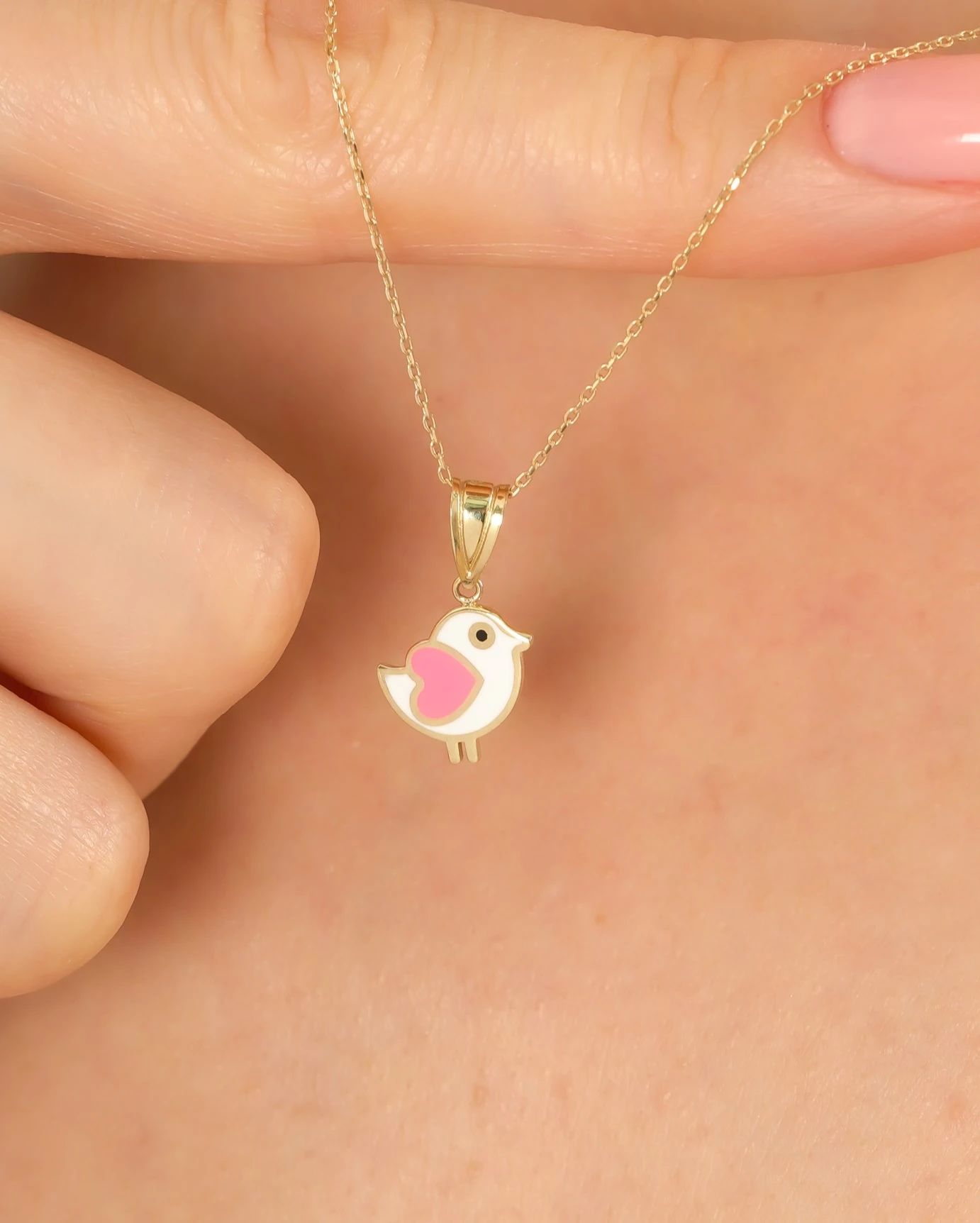 8 Ayar Altın Zarif Pembe Kuş Kolye
