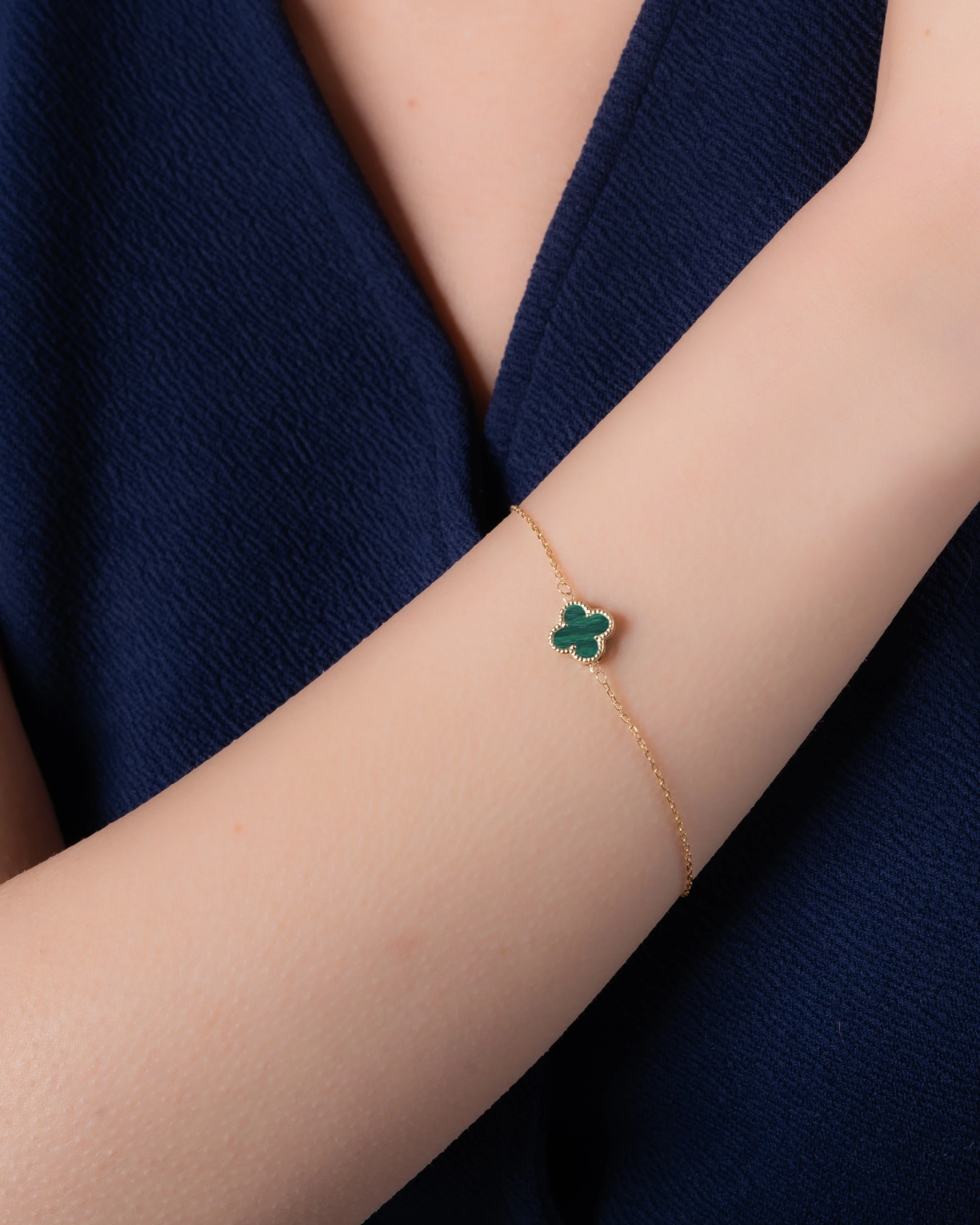 14 Ayar Altın Yeşil Malakit Yonca Bileklik -8mm