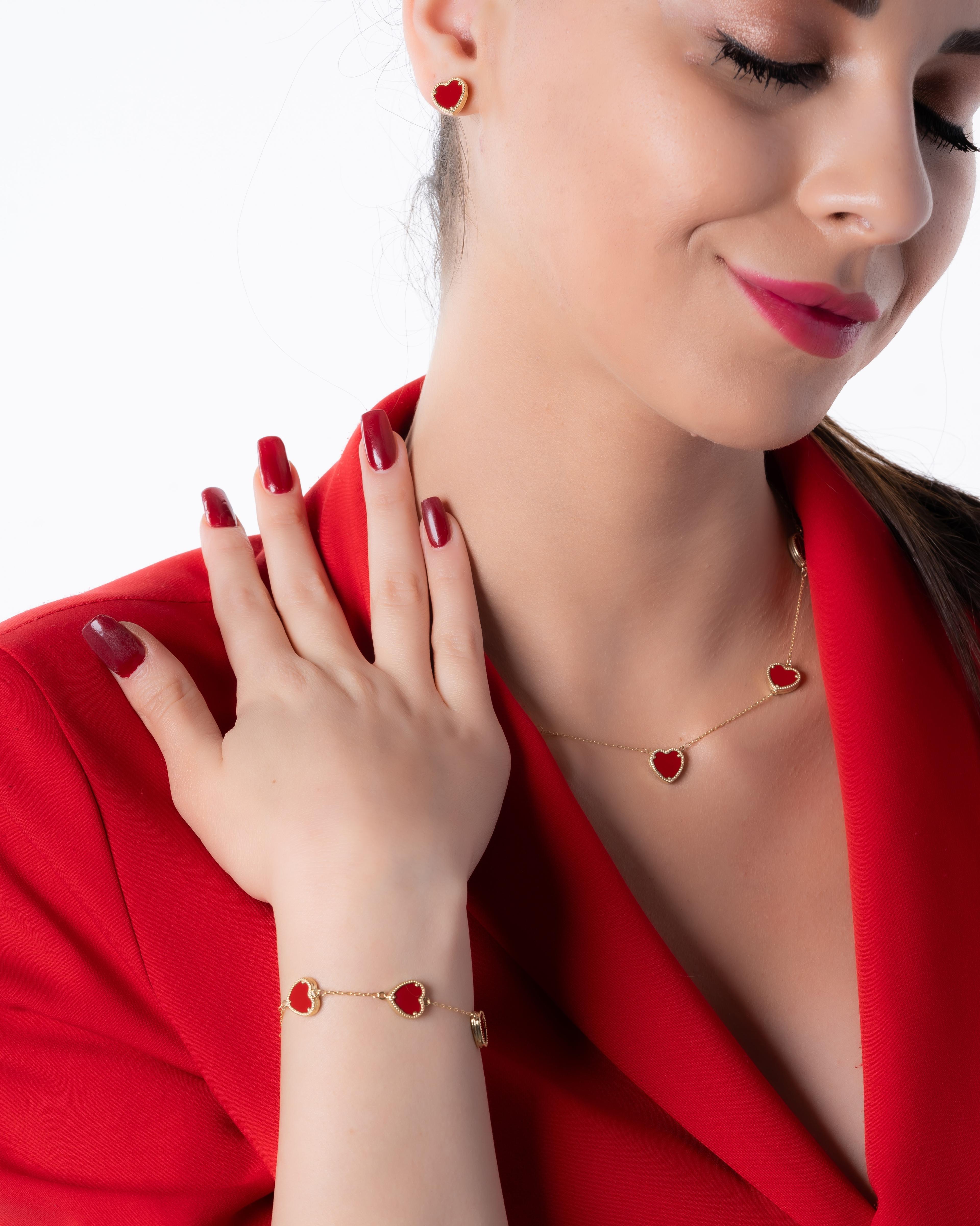 8 Ayar Altın Kırmızı Altın Kalp Küpe Kolye Bileklik Set
