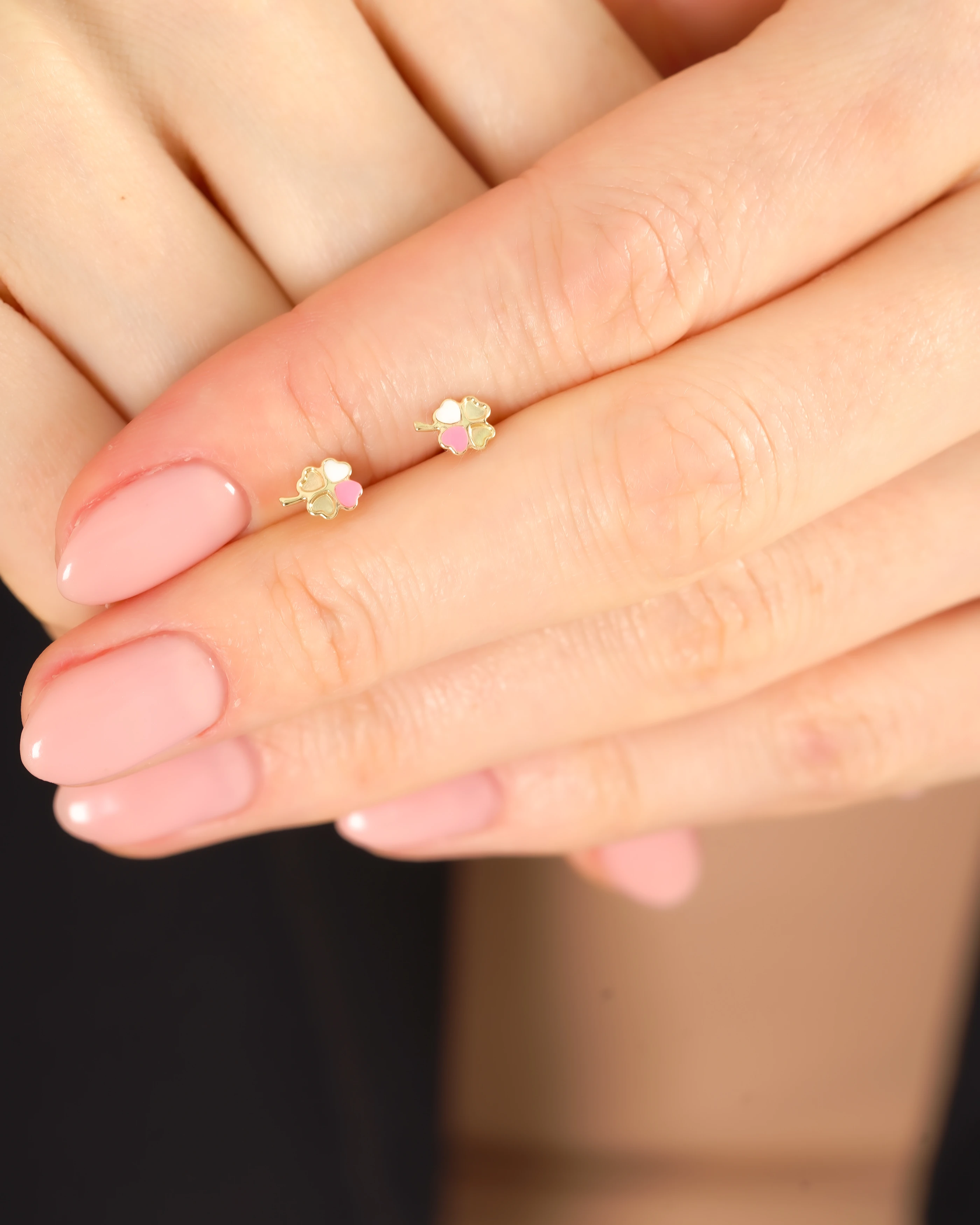 8 Ayar Altın Pembe-Beyaz Yonca Küpe