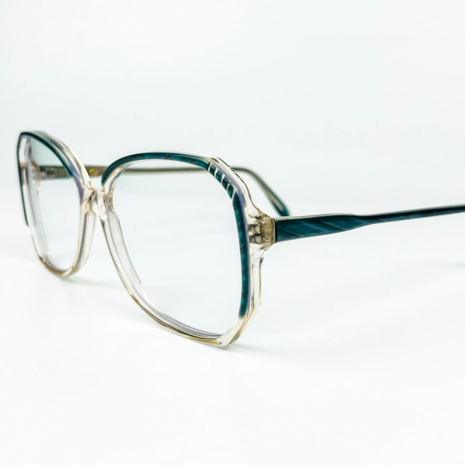 Mavi Işık Korumalı Vintage Gözlük – 70’ler Retro – Turkuaz Desenli Kemik Çerçeve, Şeffaf Cam