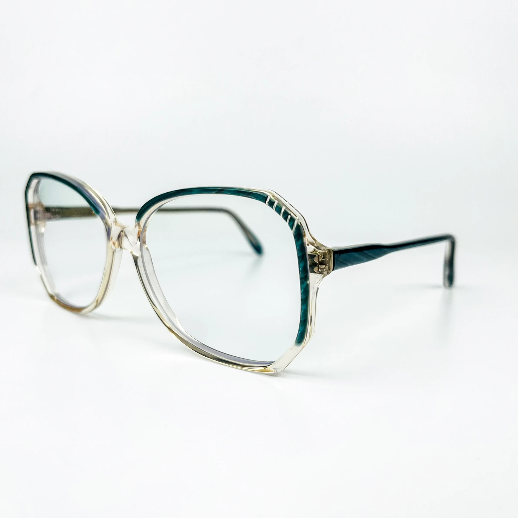 Mavi Işık Korumalı Vintage Gözlük – 70’ler Retro – Turkuaz Desenli Kemik Çerçeve, Şeffaf Cam