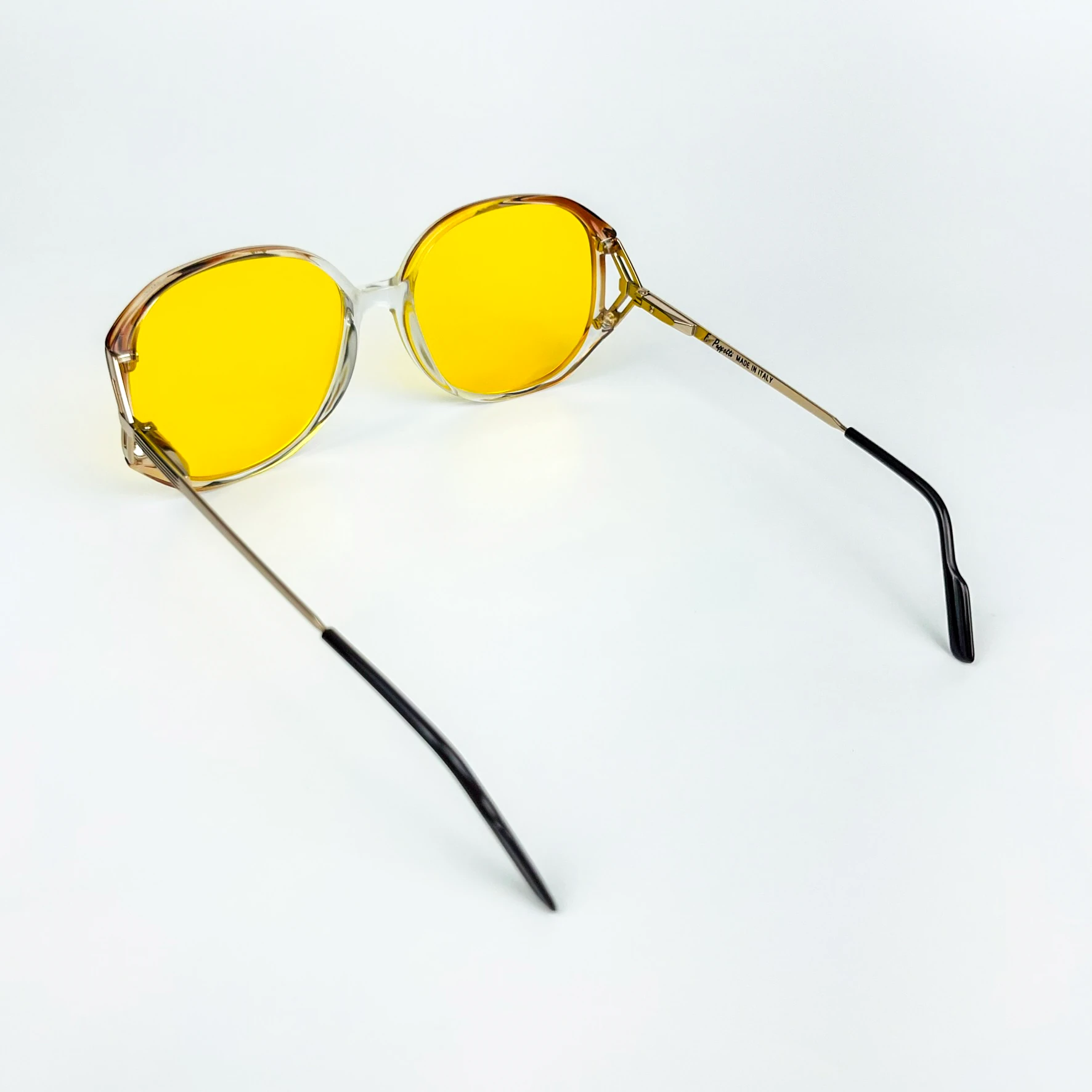 Vintage Güneş Gözlüğü – 70’ler Retro Şeffaf Kahverengi Kemik Çerçeve & Sarı Polarize Camlı Gözlük OSV713