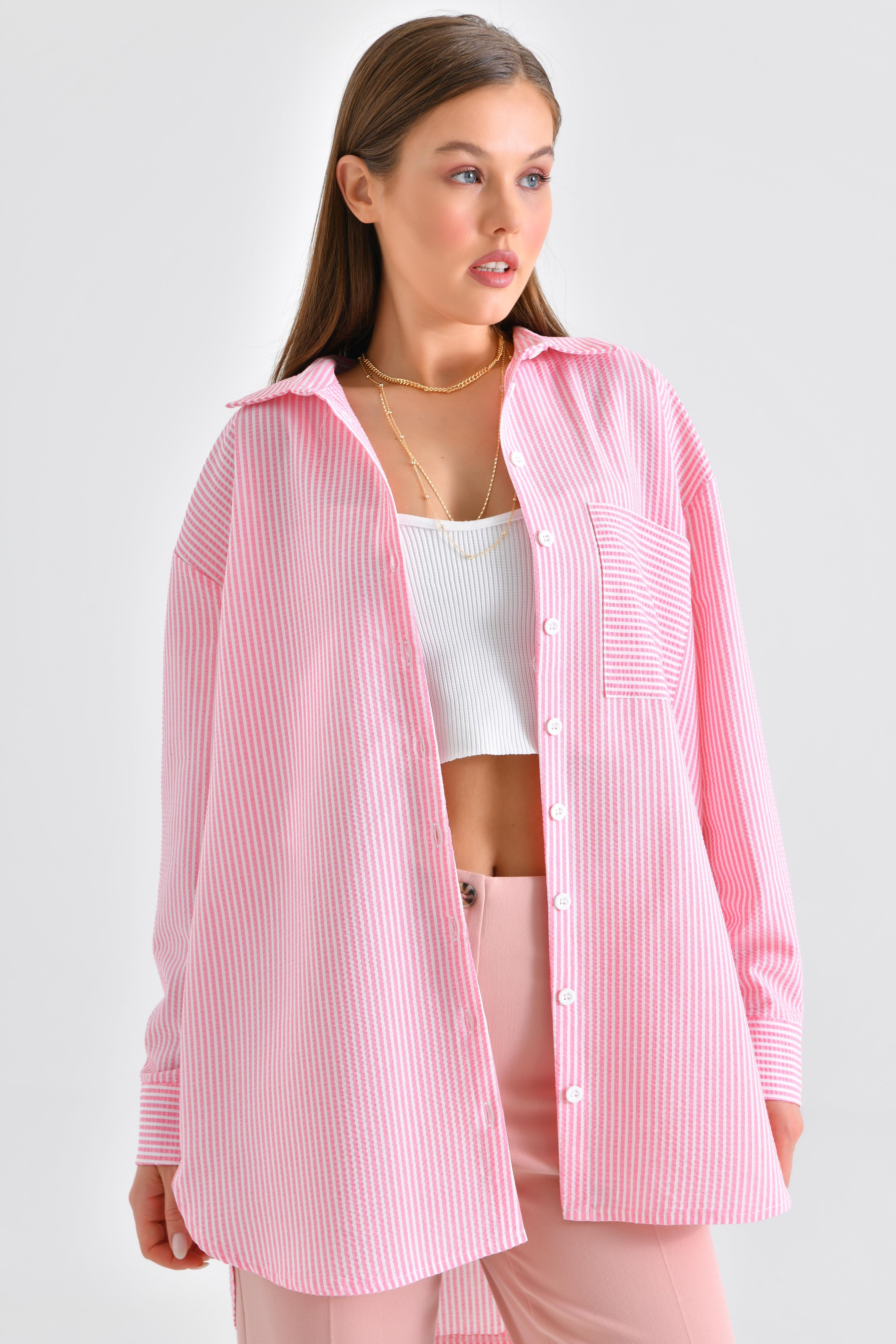Bürümcük Detaylı Çizgili Gömlek - Pembe