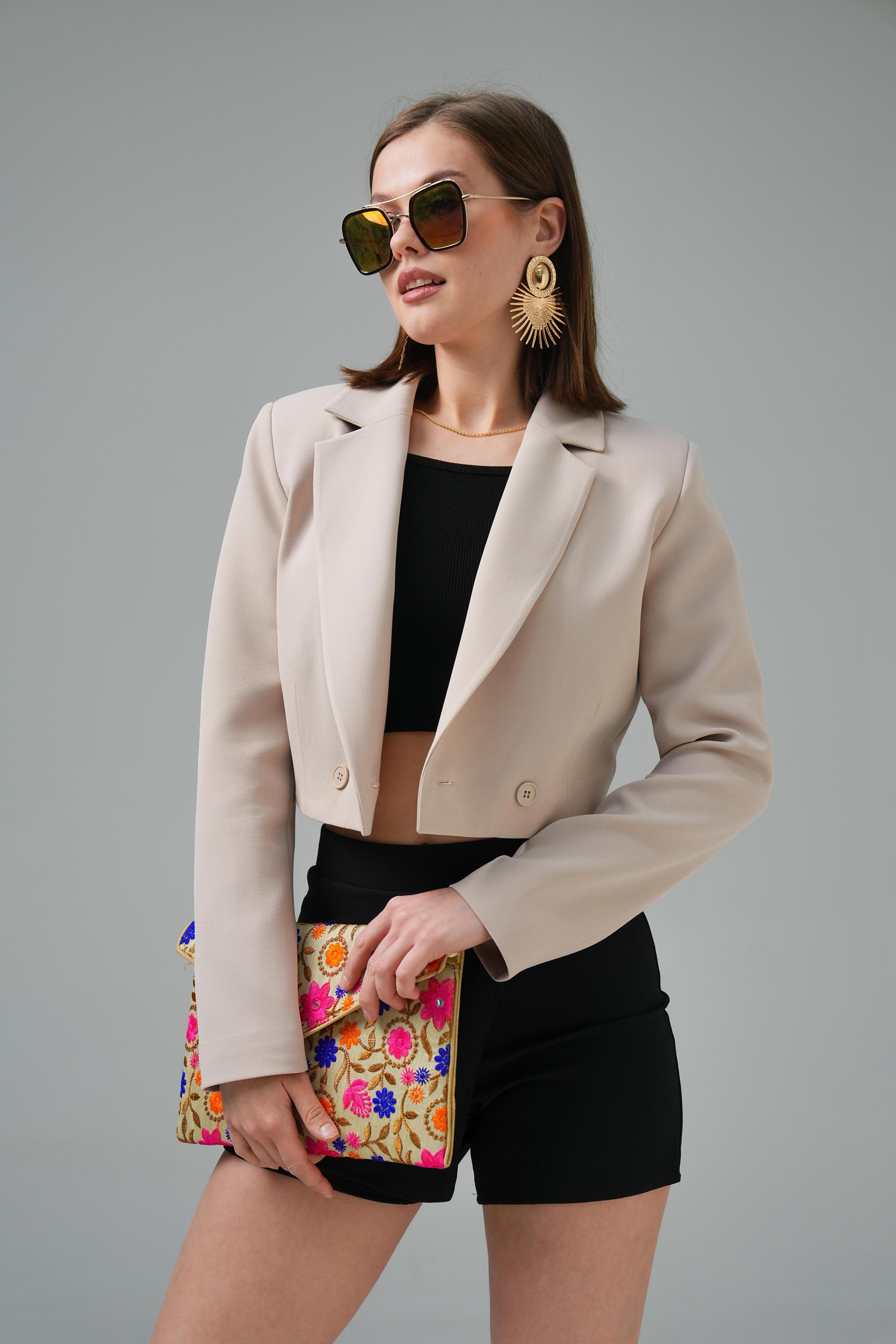 Kruvaze Crop Ceket - Bej