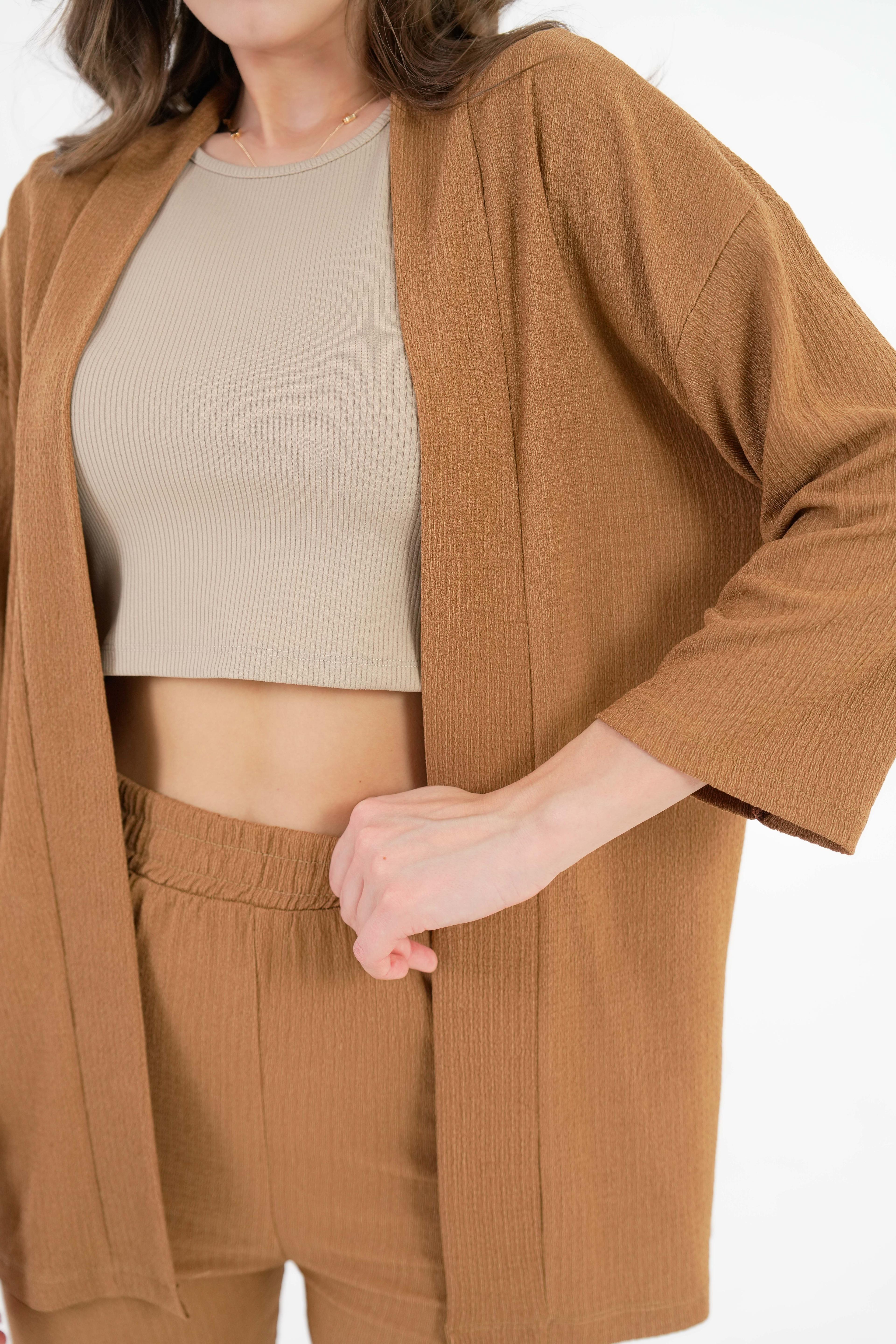 Kıraşlı Kumaş Kimono - Pantolon Örme Takım - Kamel