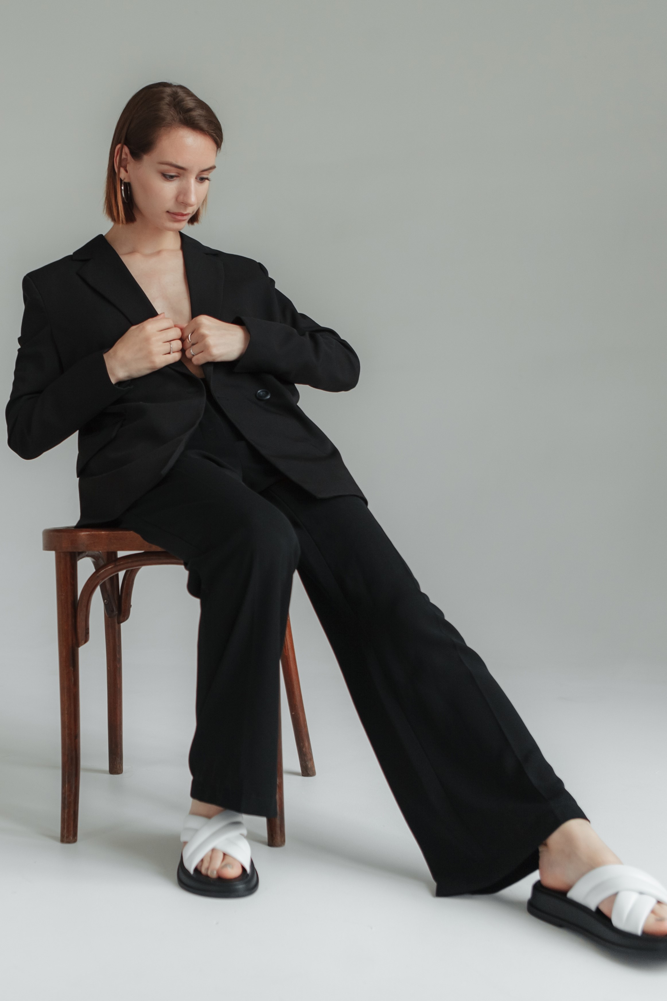 Çift Düğme Kapama Blazer Ceket-Pantolon Dokuma Alt-Üst Takım