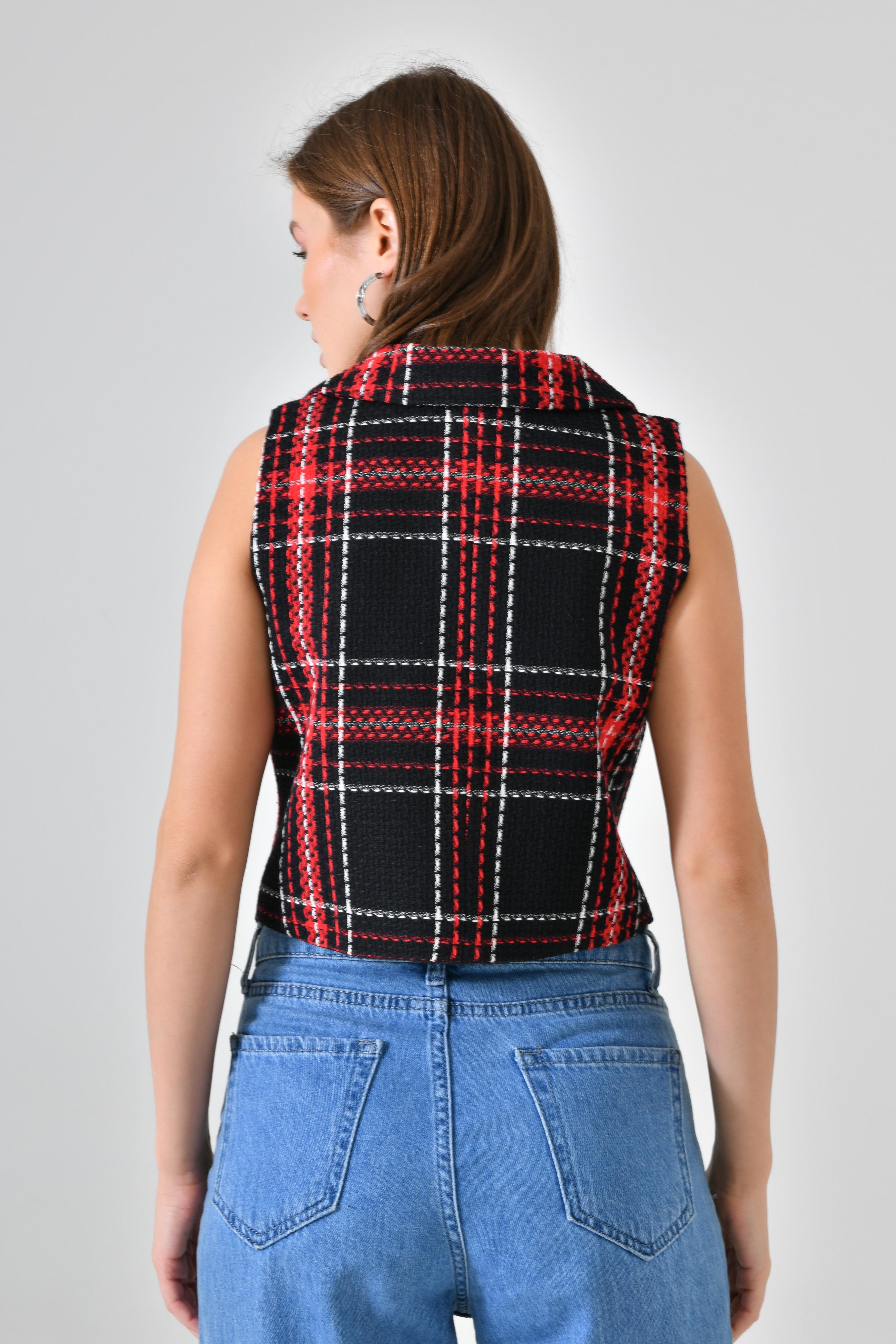 Ekoseli Fit Yelek - Siyah