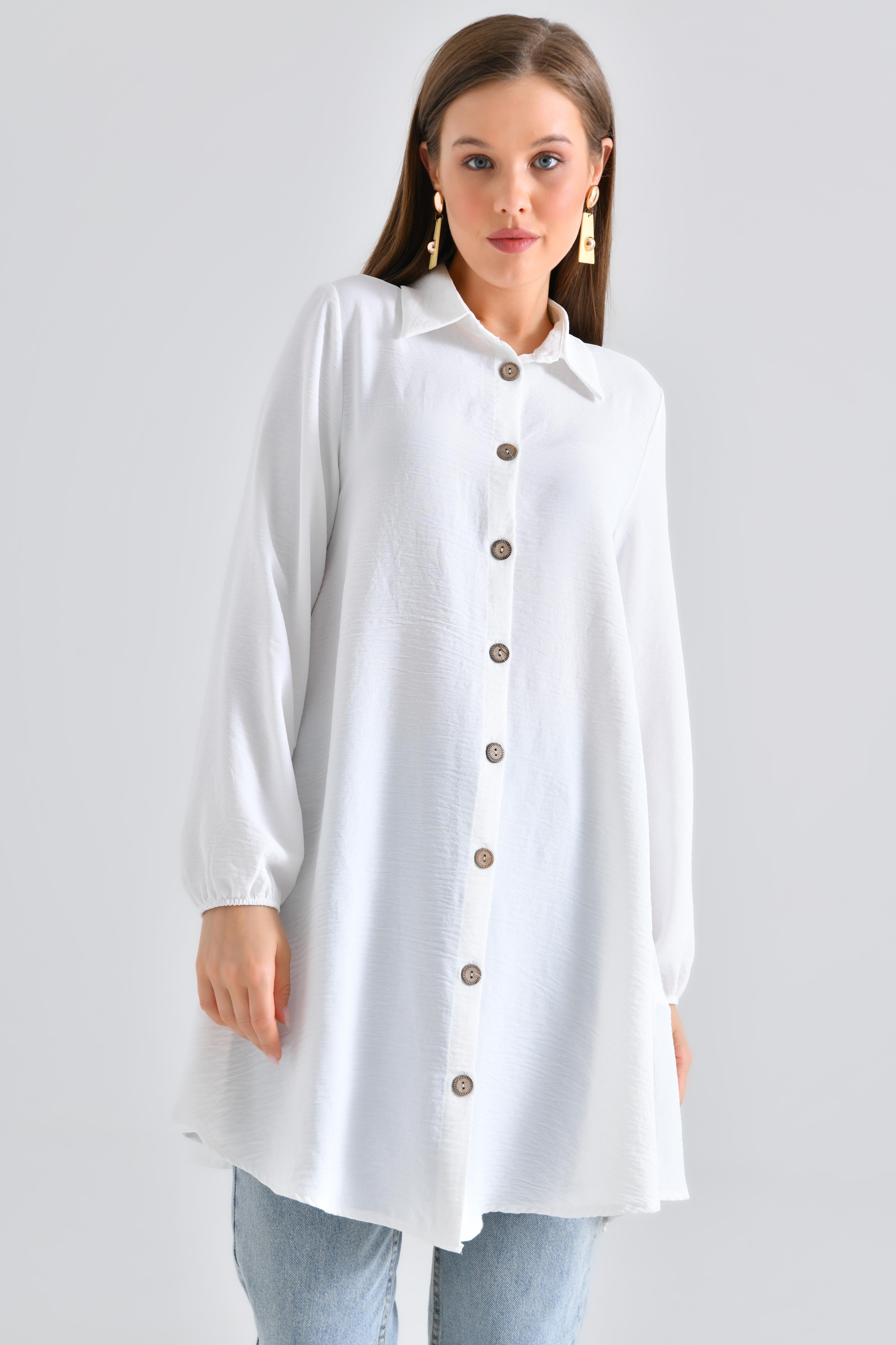 Ahşap Düğmeli Tunik - Beyaz